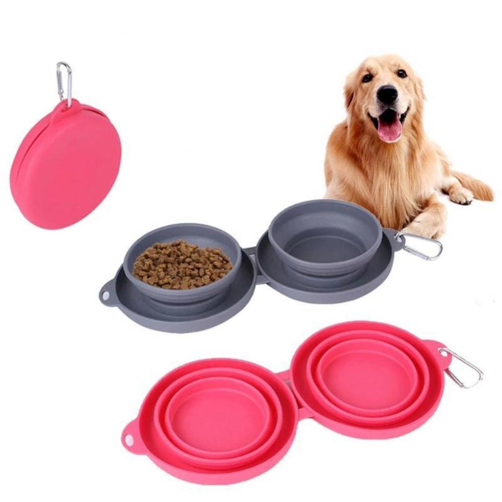 Rubber Foldable Double Bowl Pet Feeding Bowl Pets Supplies Dog Cat Bowls - Best Bark Bargains