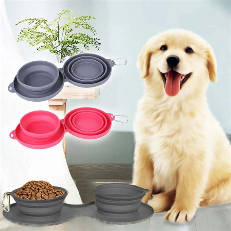 Rubber Foldable Double Bowl Pet Feeding Bowl Pets Supplies Dog Cat Bowls - Best Bark Bargains