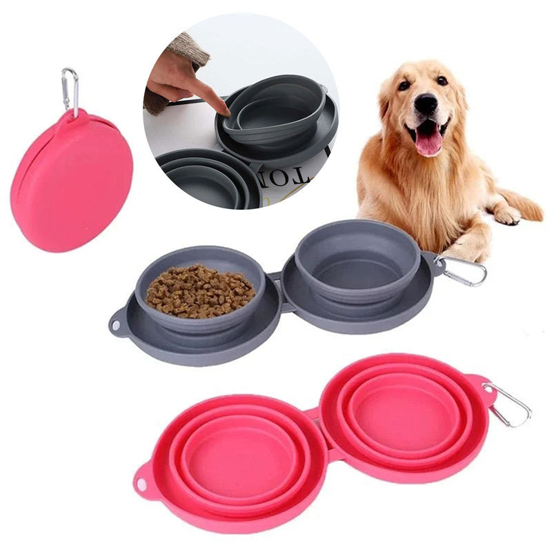 Rubber Foldable Double Bowl Pet Feeding Bowl Pets Supplies Dog Cat Bowls - Best Bark Bargains