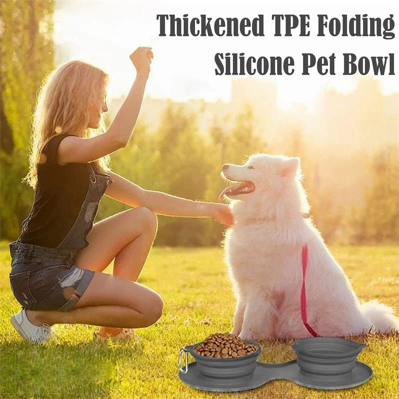 Rubber Foldable Double Bowl Pet Feeding Bowl Pets Supplies Dog Cat Bowls - Best Bark Bargains