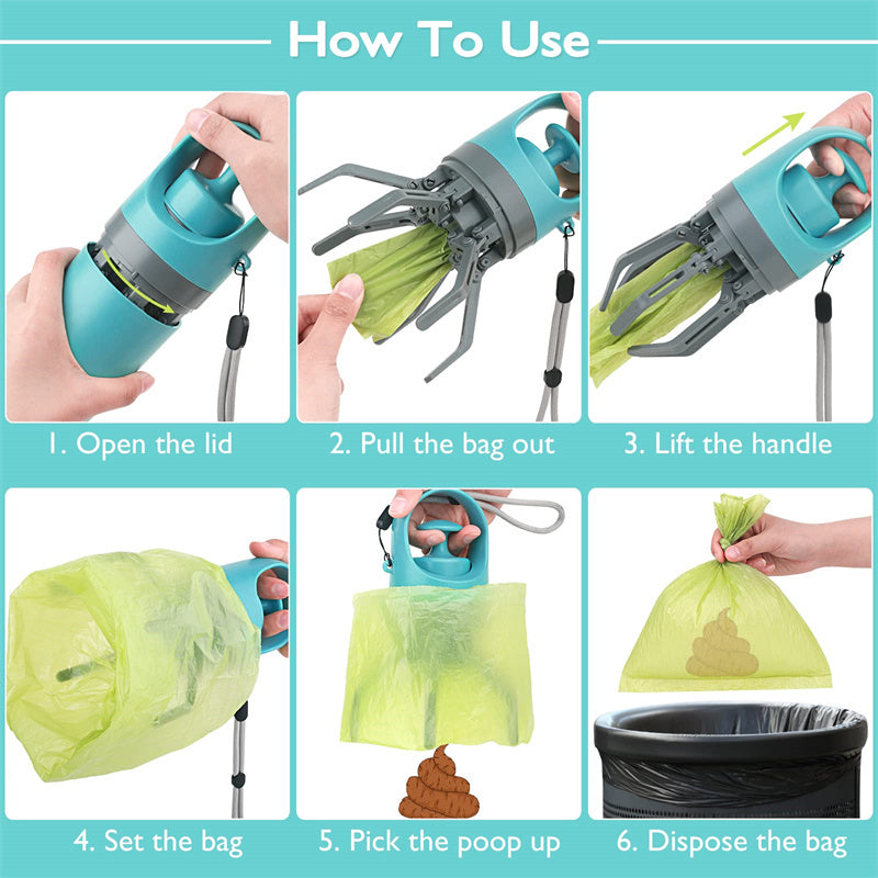 Portable Dog Pooper Scooper with Built-in Bag Dispenser and Sturdy Claw Shovel